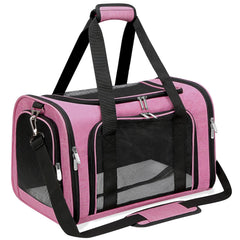 LEHNI pink soft-sided carrier front view with pet for easy travel access