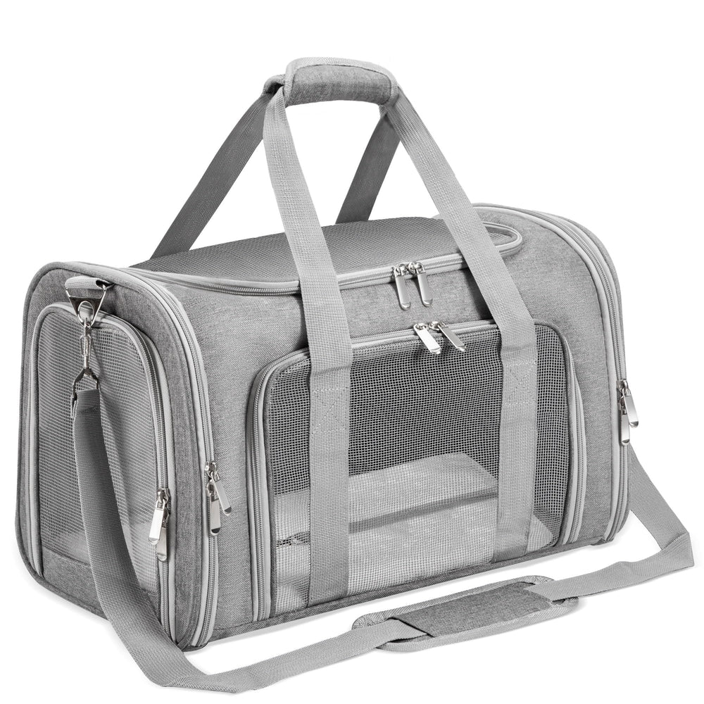 LEHNI soft-sided pet carrier front view, easy to carry on flights and car trips.