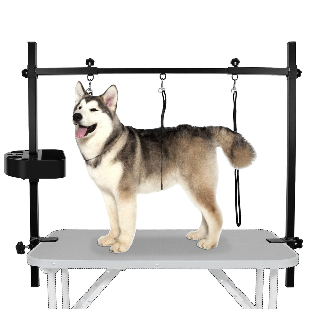 LEIBOU H-Shape arm on table shows sturdy aluminum frame for grooming.