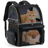 Lekebobor cat backpack carrier front view shows double compartments for two pets and secure design.