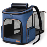 Lekereise large cat backpack blue front view showing secure enclosure for travel