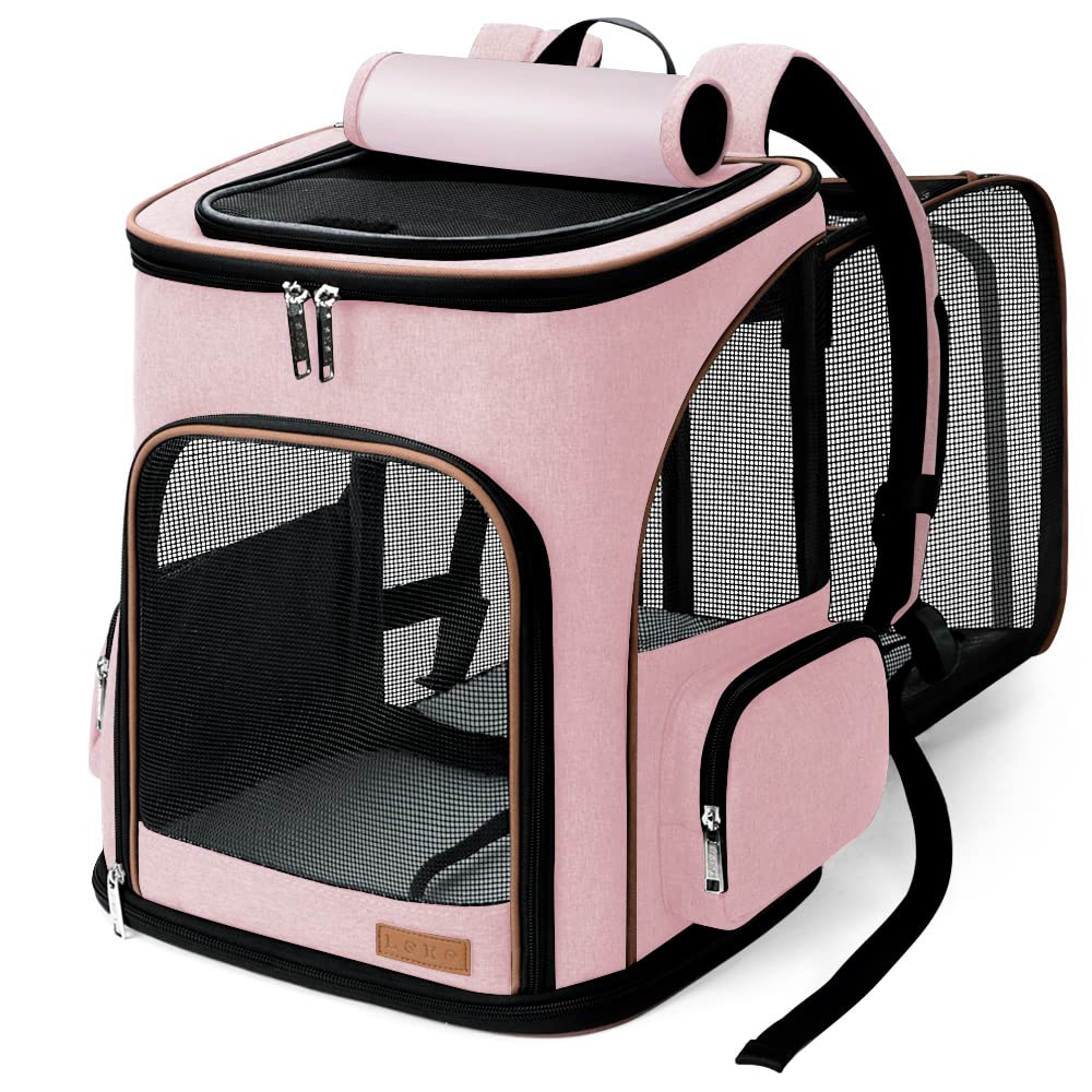 Lekereise pet carrier backpack pink front view shows expandable space for pets.