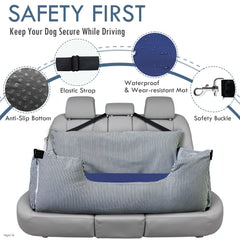 LELEFIDO dog car seat large dog buckle attachment shows belt-secured travel.