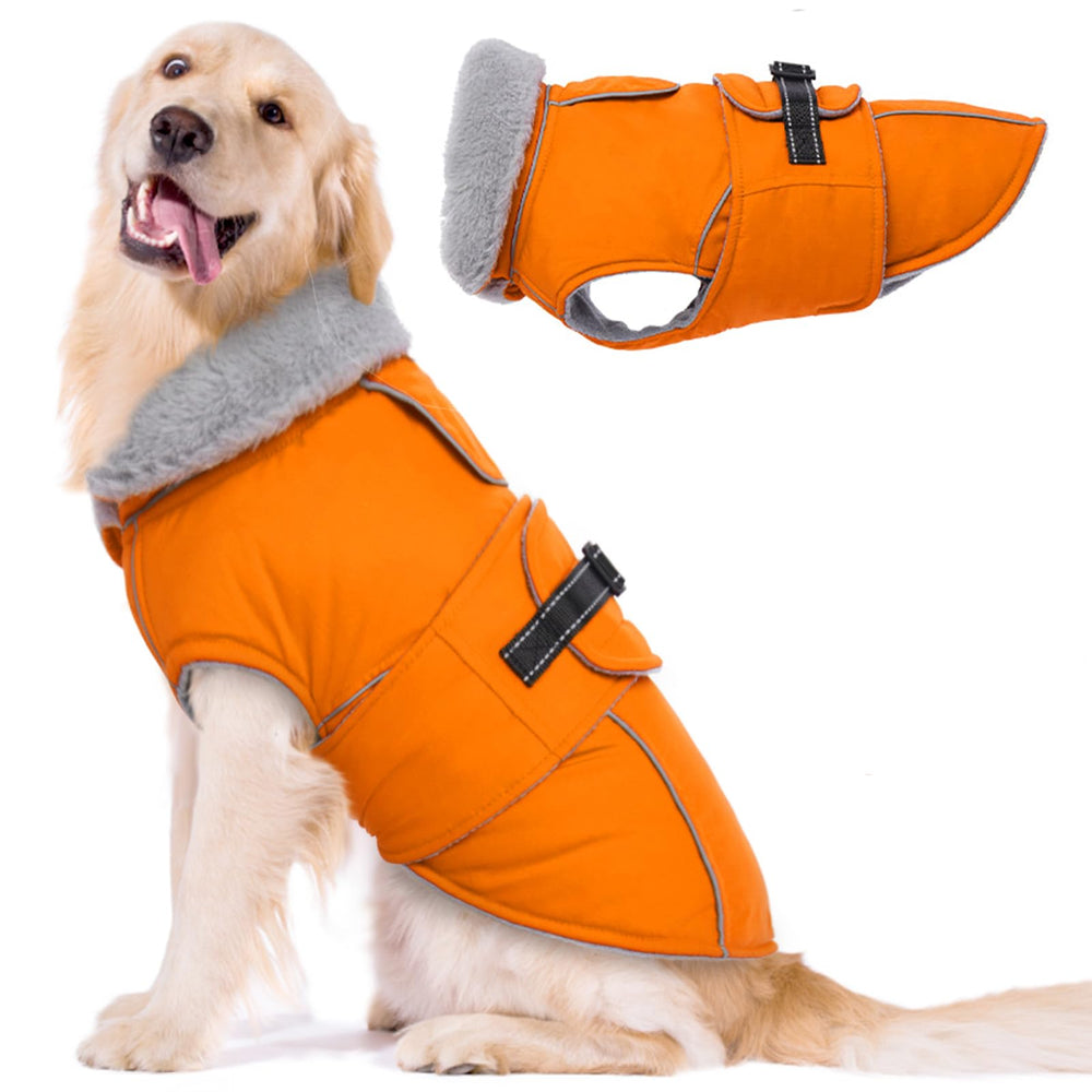 LeLePet waterproof orange XXL dog coat with warm fleece interior.