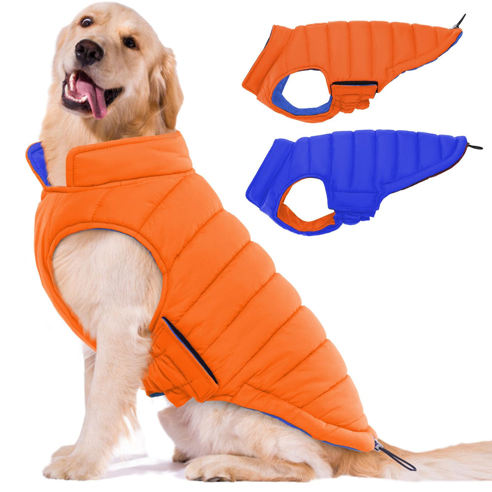 Lelepet reversible dog coat orange front view showing dual styling for walks