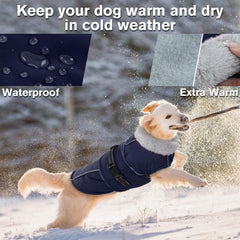 LeLePet warm dog coat navy blue back view highlights reflective safety strips for nighttime visibility