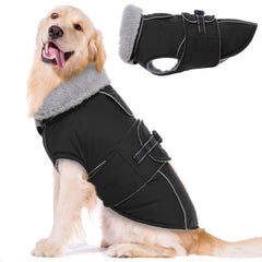 Lelepet warm dog coat XL black front view for outdoor warmth and rain protection.