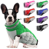 LeLePet warm dog coat green, front view showing harness compatibility.