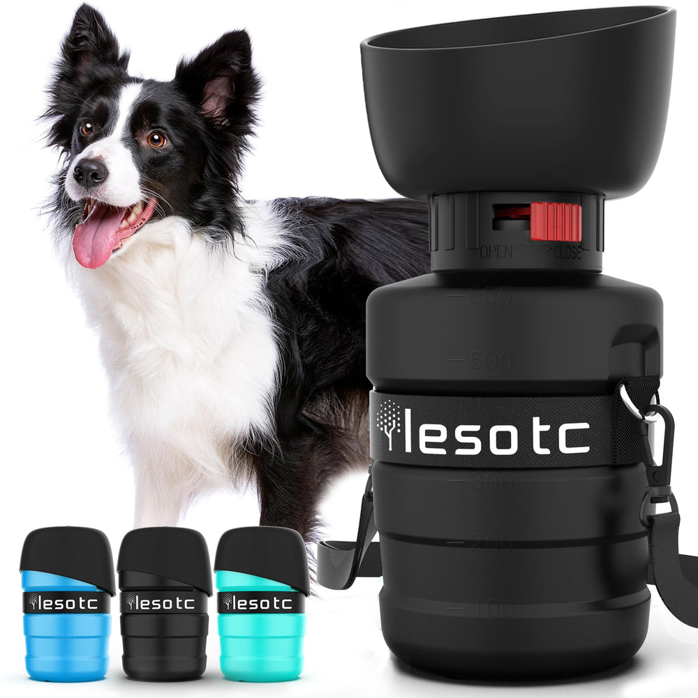Lesotc dog water bottle fold-cap bowl for on-the-go hydration.