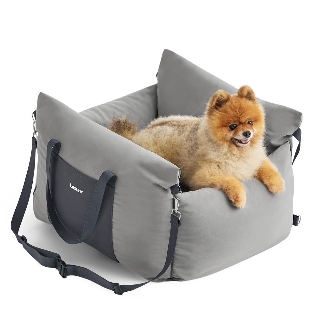 LE SURE Lesure small dog car seat front view shows secure headrest attachment for safety.
