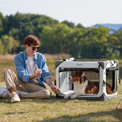 LE SURE Lesure travel kennel side view highlighting pockets for treats and essentials.
