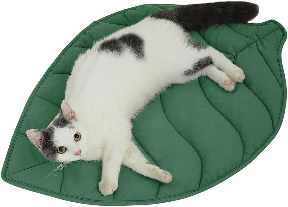 Letalong leaf-shaped cat bed pad front view showing cozy warmth.