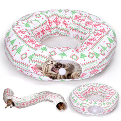 Leyndo plush cat tunnel red-green fabric offers warm, cozy exploration for indoor cats.