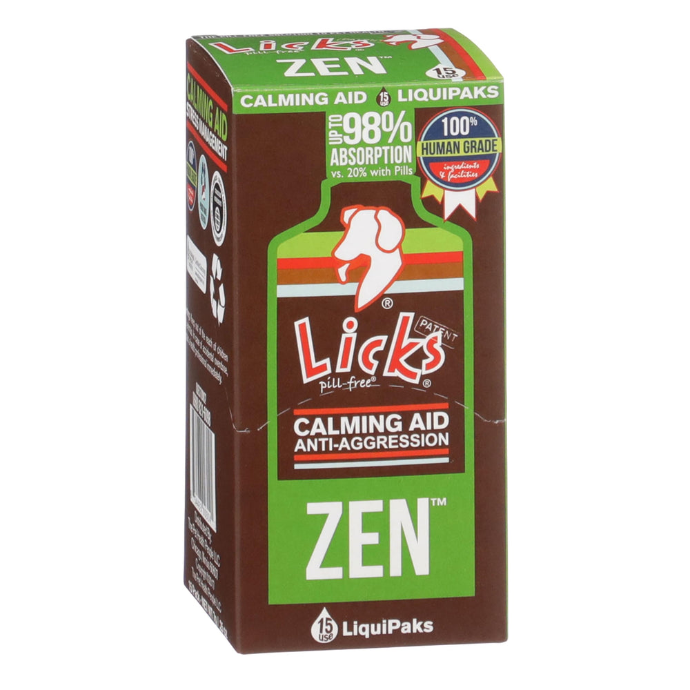 Licks Dog Zen Calming Aid bottle with roasted chicken flavor for anxiety support