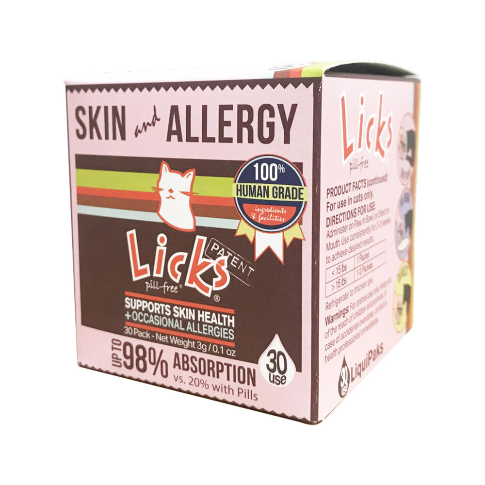 Licks Pill Free Cat Allergy LiquiPaks pack shows 30 uses for convenient daily dosing