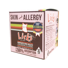 Licks Pill Free Cat Allergy LiquiPaks pack shows 30 uses for convenient daily dosing