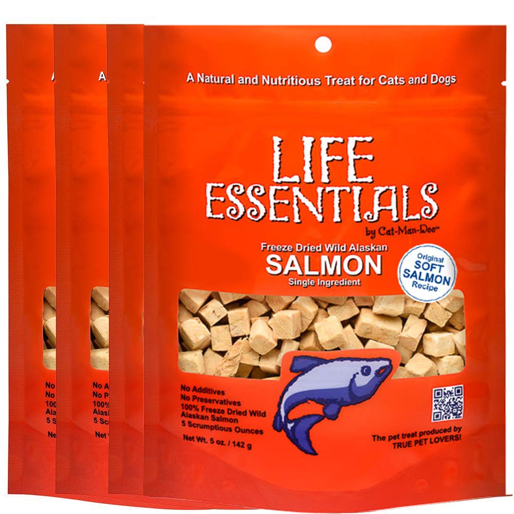Life Essentials by Cat-Man-Doo packaging showing four-pack salmon treats for easy rewards.