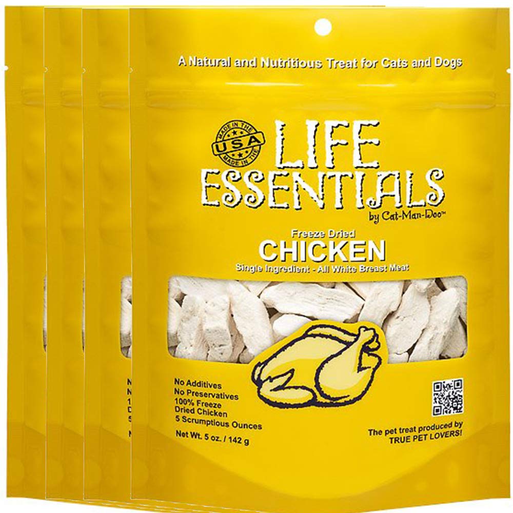 LIFE ESSENTIALS BY CAT-MAN-DOO packaging highlights USA-made freeze-dried chicken treats for daily rewards.