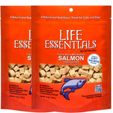 LIFE ESSENTIALS BY CAT-MAN-DOO packaging shows a simple freeze-dried salmon snack for pets