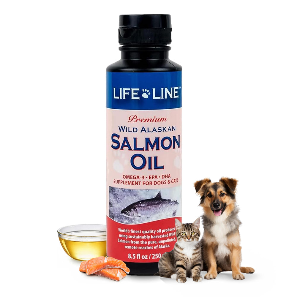 Life Line Wild Alaskan Salmon Oil bottle pour demonstrates easy dosing for steady omega-3 intake.
