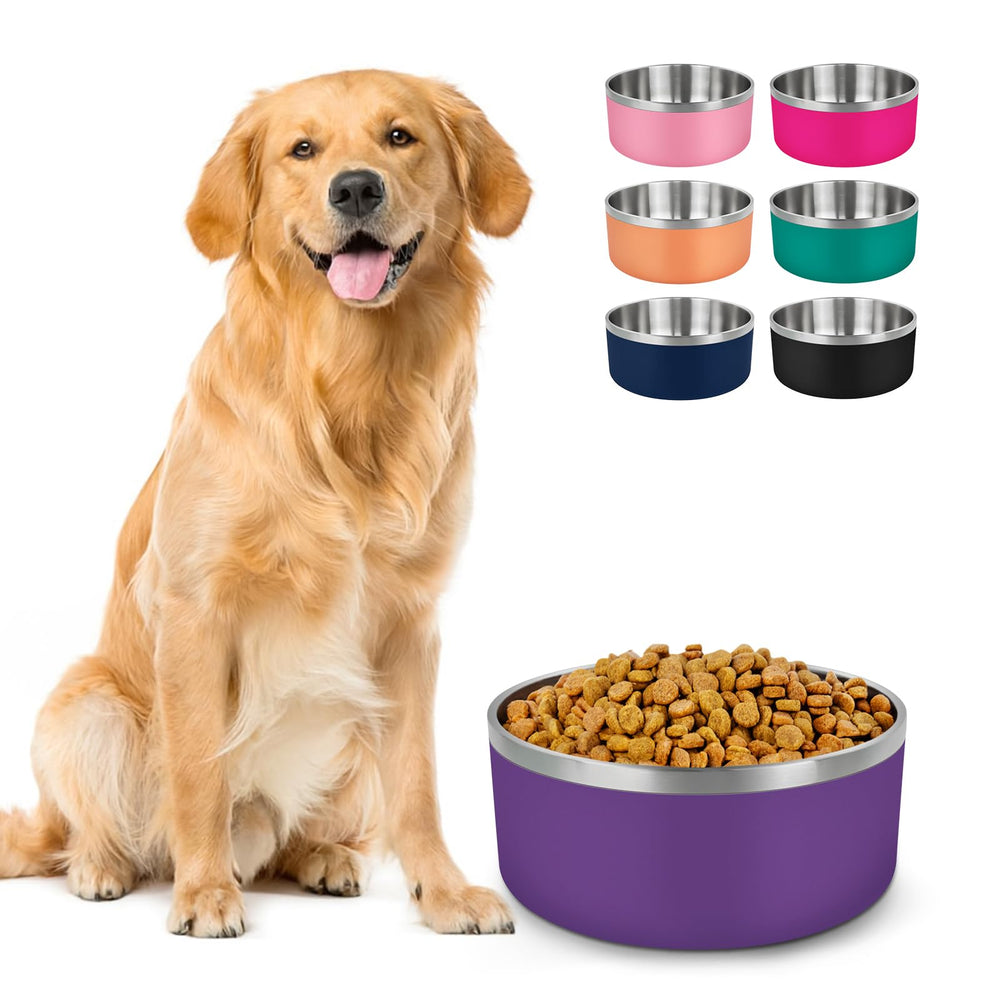 LIHONG stainless steel dog bowl with 64oz capacity and purple finish for rustproof durability.