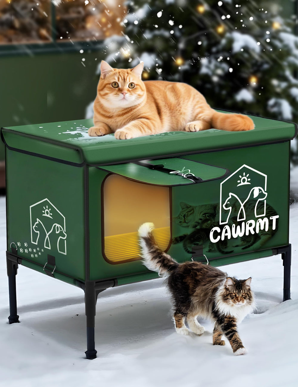 LiLadayd X-Large Heated Cat House outdoors offers winter shelter and warmth.