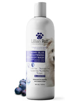Lillian Ruff Berry Blue Brightening Shampoo bottle front highlights a professional whitening formula for vibrant coats