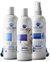 Lillian Ruff Berry Blue Brilliance Shampoo bottle ready to brighten fur