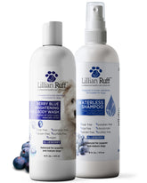 Lillian Ruff PRO Berry Blue Brightening Shampoo bottle shows whitening formula for dogs.