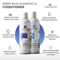 Lillian Ruff PRO Berry Blue Brightening Conditioner bottle highlighting moisture for shine