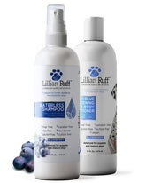 Lillian Ruff PRO Formula Blueberry Waterless Dog Shampoo bottle close-up illustrates rinse-free cleansing.