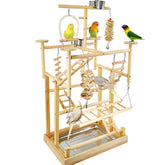 LIMIO Bird Playground natural wood playstand with ladders and perches for daily exercise.