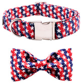 Lionet Paws patriotic collar with bowtie, front view for stylish 4th of July outings.
