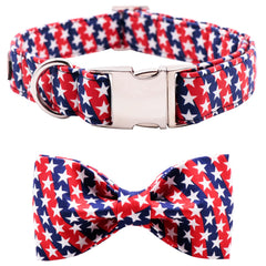 Lionet Paws patriotic collar with bowtie, front view for stylish 4th of July outings.