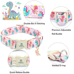 Lionheart Glory dinosaurs pattern dog collar on dog highlights durable D-ring and secure fit