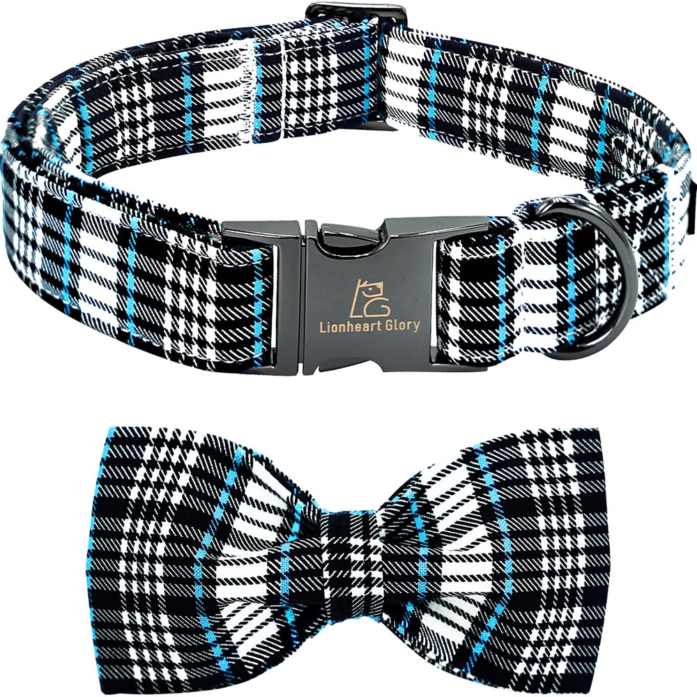 Lionheart Glory dog bow collar blue plaid front view highlights vibrant print for stylish walks.