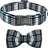 Lionheart Glory dog bow collar blue plaid front view highlights vibrant print for stylish walks.