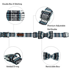 Lionheart Glory dog bow collar blue plaid side adjustable demonstrates flexible fit for comfort.