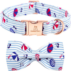 Lionheart glory dog collar with bow on blue stripe, adjustable fit for medium dogs; perfect for everyday walks.