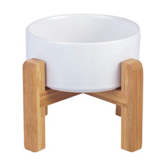 LIONWEI ceramic elevated cat bowl on wood stand designed for mess-free feeding.