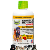 LIQUID-VET kidney and bladder formula bottle being poured for easy dosing during meals