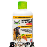 LIQUID-VET kidney and bladder formula bottle close-up for easy meal dosing.