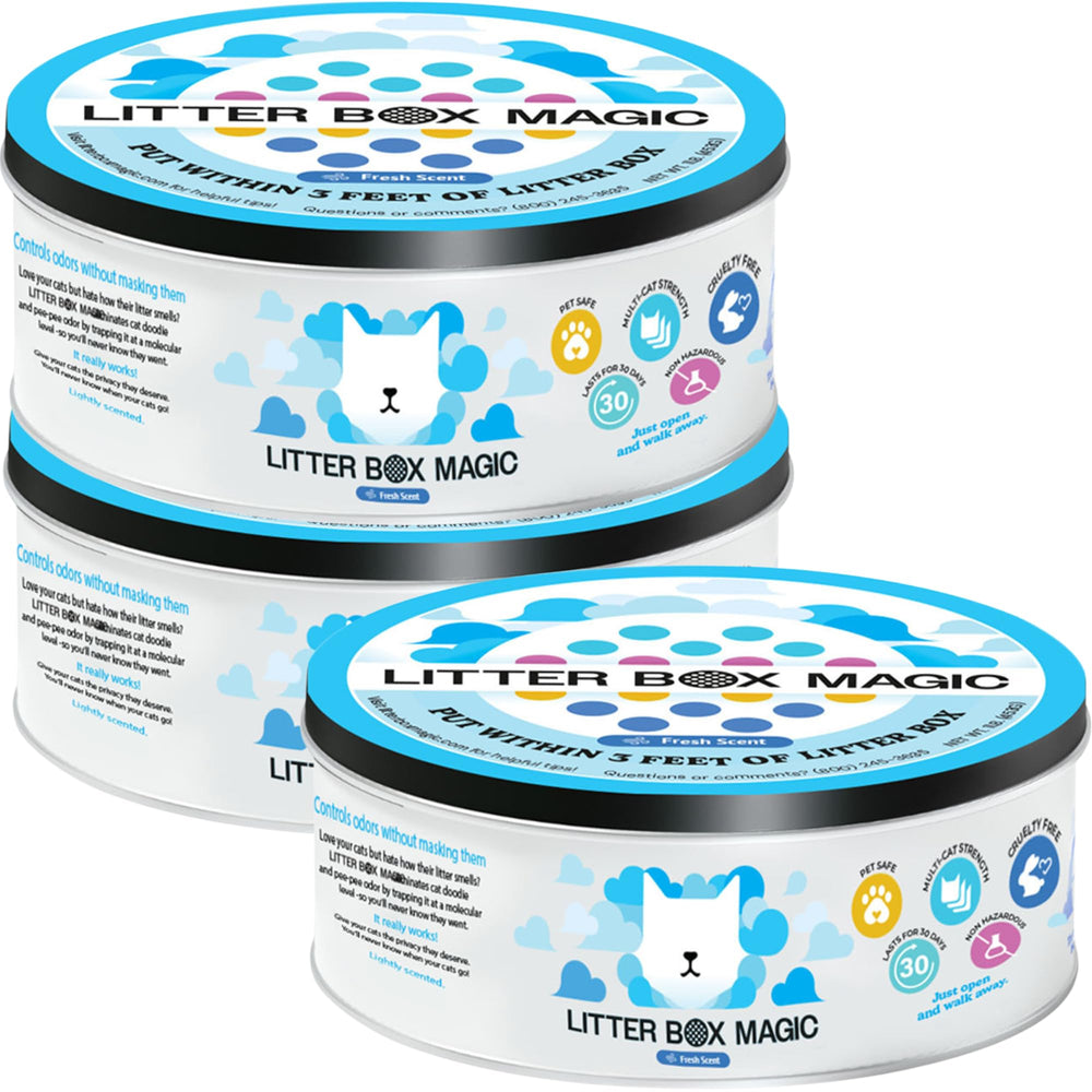 Litter Box Magic deodorizer jar close-up shows long-lasting odor control for litter boxes.