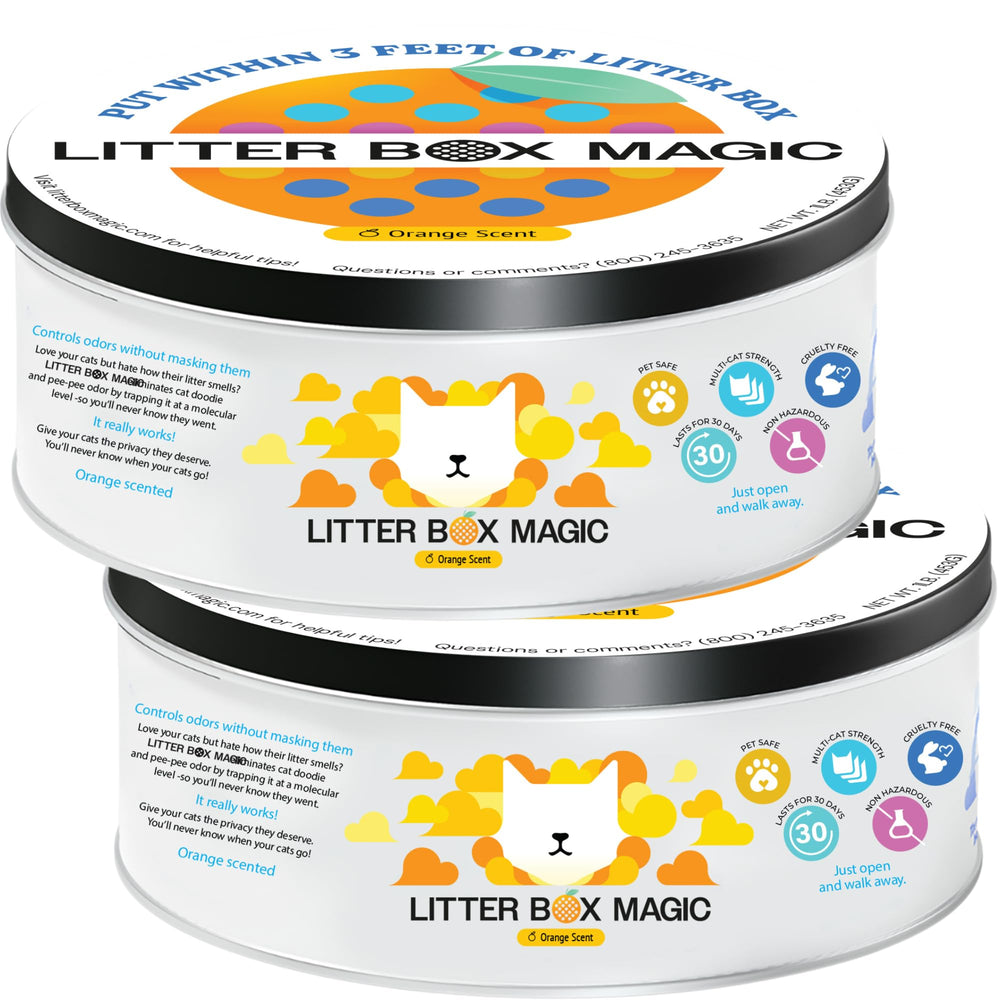 Litter Box Magic orange-jar-open shows easy-access odor control.
