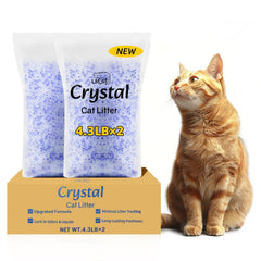 LMJP Crystal Cat Litter packaging in blue and white shows long-lasting odor control.