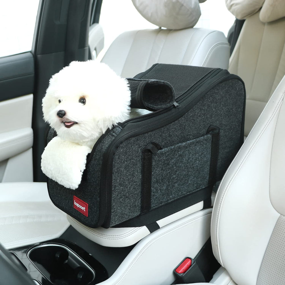 Loapooet center console dog car seat front view for small dogs, improves visibility.