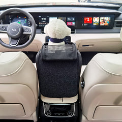 Loapooet center console dog car seat side profile installed on armrest for secure travel.