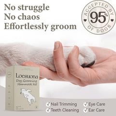 Loesuona dog grooming hammock on table supports hands-free grooming during trims.