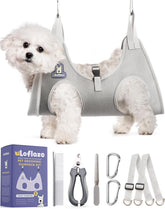 Loflaze dog grooming hammock harness grey setup for at-home trimming comfort.