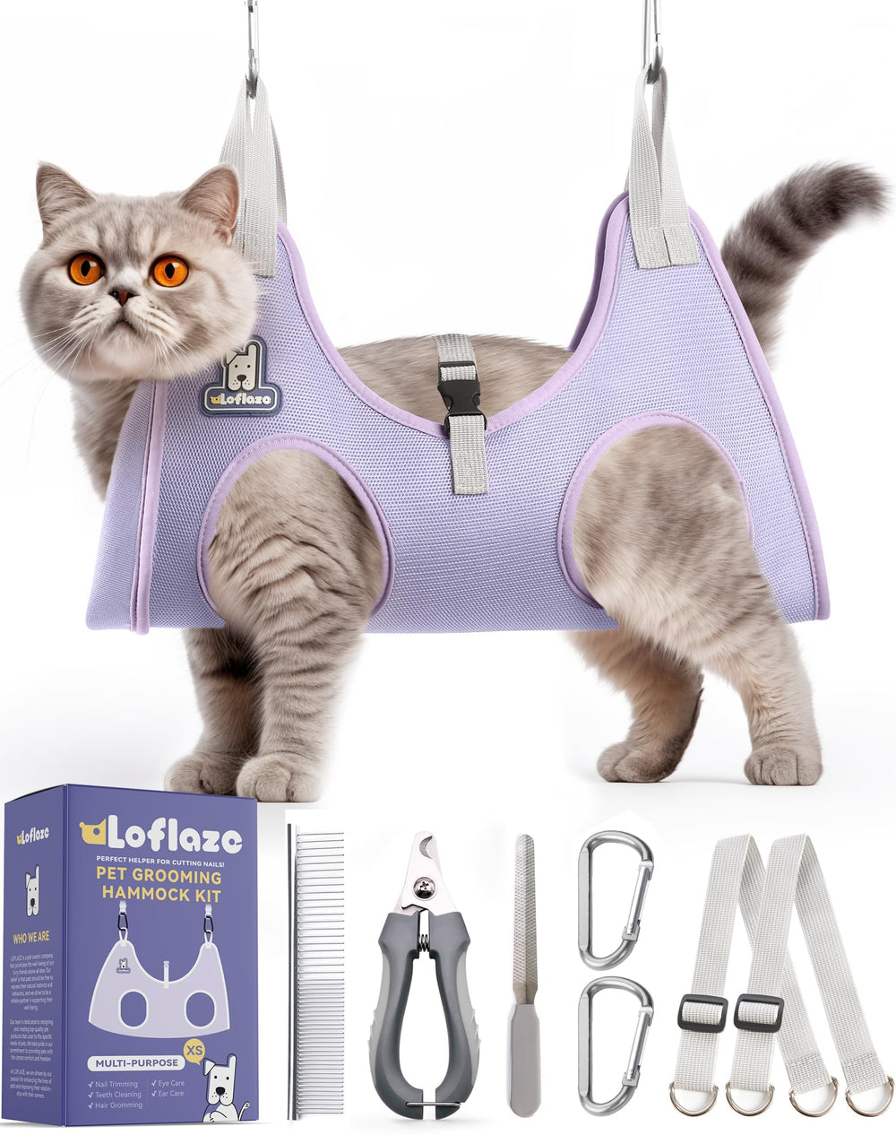 Loflaze grooming hammock harness setup enables easy at-home grooming.